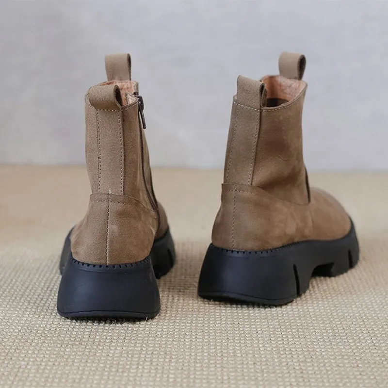 Retro Cowhide Chunky Martin Boots Women Comfy Zip Walking Boots Gray/Apricot Wholecut