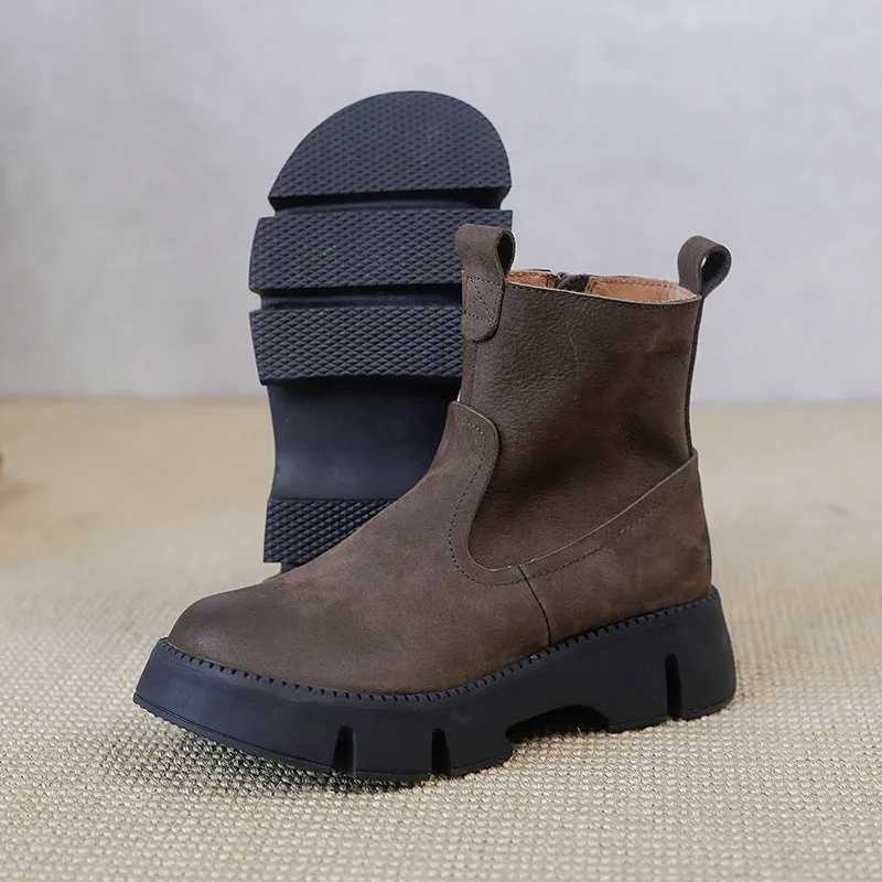 Pinpoint Oxford Dress Shirts Retro Cowhide Chunky Martin Boots Women Comfy Zip Walking Boots Gray/Apricot