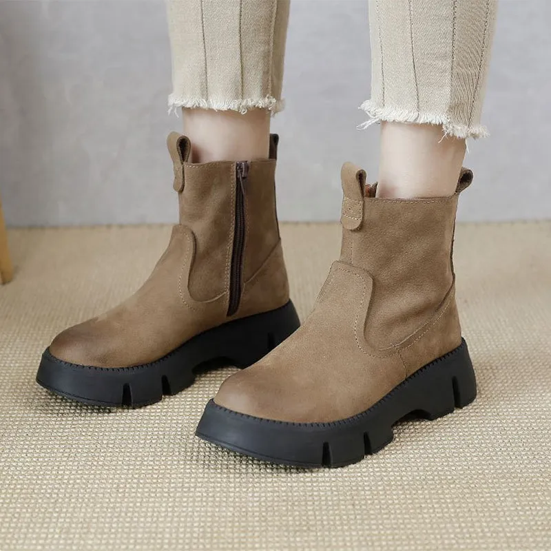 Retro Cowhide Chunky Martin Boots Women Comfy Zip Walking Boots Gray/Apricot Cork Oxfords