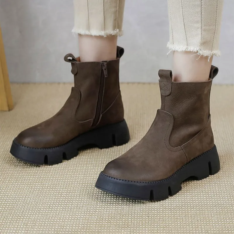 Retro Cowhide Chunky Martin Boots Women Comfy Zip Walking Boots Gray/Apricot Casual Oxford Shoes