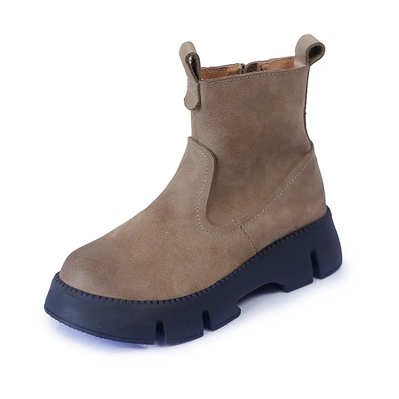 Soda Oxfords Retro Cowhide Chunky Martin Boots Women Comfy Zip Walking Boots Gray/Apricot