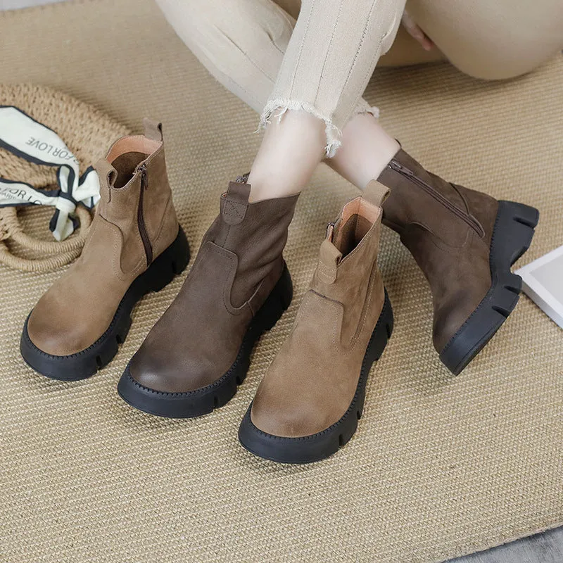 Redwing Oxford Retro Cowhide Chunky Martin Boots Women Comfy Zip Walking Boots Gray/Apricot