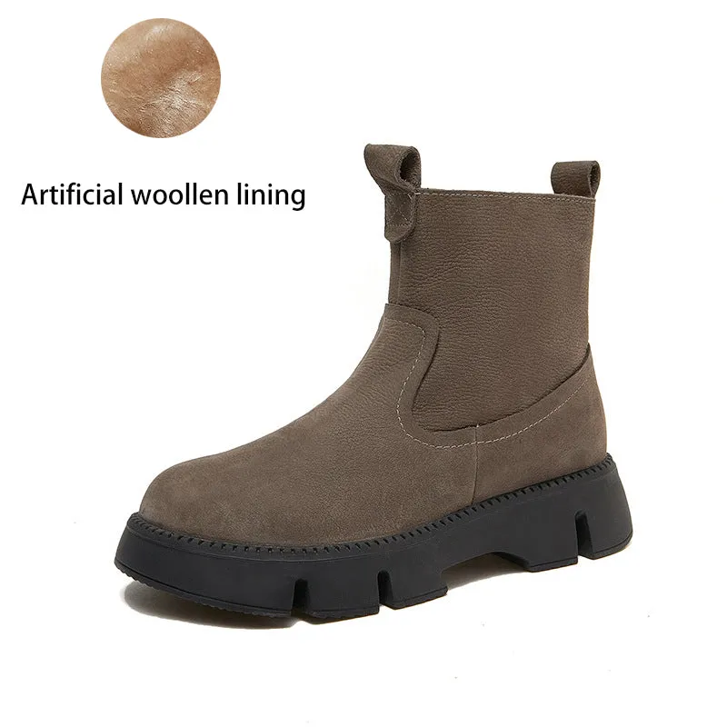 Oxford Shoes And Chinos Retro Cowhide Chunky Martin Boots Women Comfy Zip Walking Boots Gray/Apricot