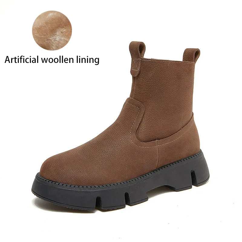 Retro Cowhide Chunky Martin Boots Women Comfy Zip Walking Boots Gray/Apricot Arcopedico Oxfords