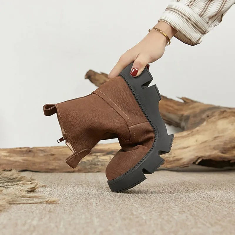 Retro Cowhide Chunky Martin Boots Women Comfy Zip Walking Boots Gray/Apricot Fall Oxfords