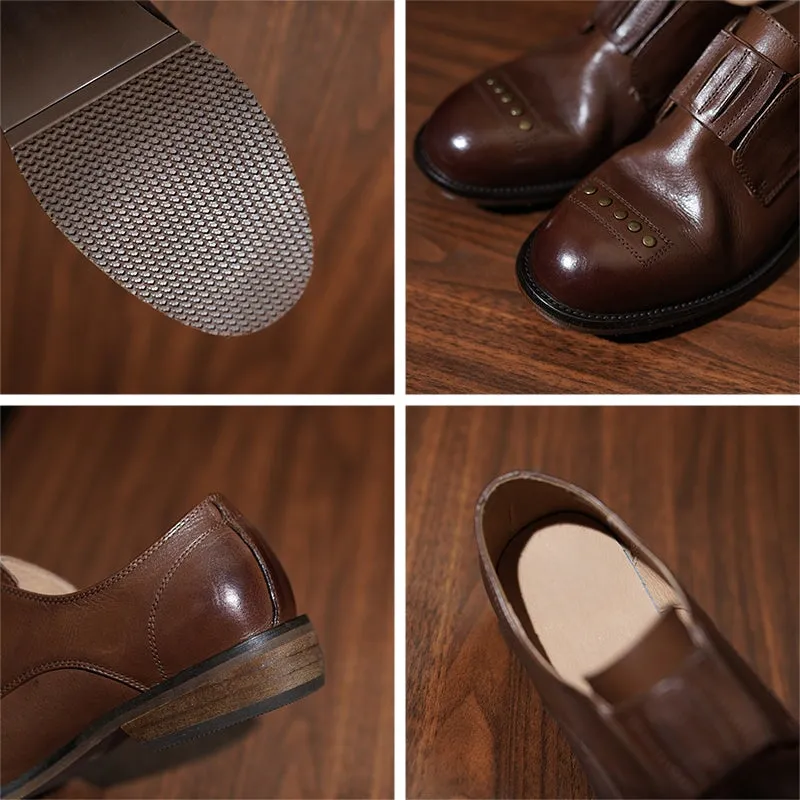 Retro Cowhide Round Toe Rivet Decorated Low Heel Loafers in Black/Brown Pants And Oxfords
