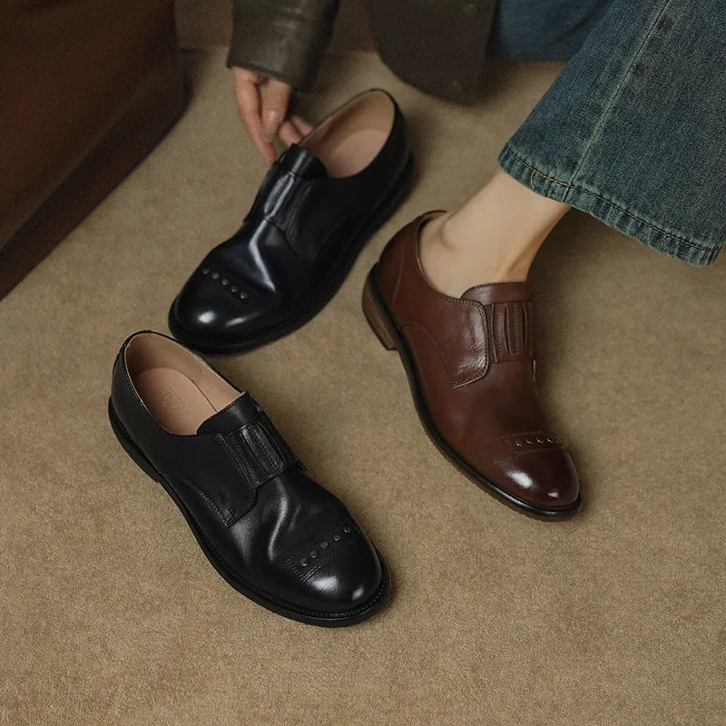 Retro Cowhide Round Toe Rivet Decorated Low Heel Loafers in Black/Brown Oxford Shoes Sale