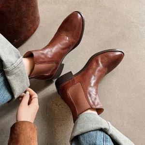 Retro Full Grain Leather Chelsea Boots Brogue Detailing Wear Resistant Anti Slip Sole Black/Coffee Baseball Oxford