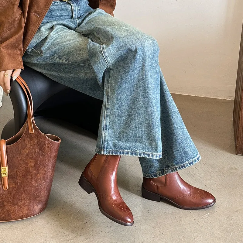 Golden Oxford Retro Full Grain Leather Chelsea Boots Brogue Detailing Wear Resistant Anti Slip Sole Black/Coffee