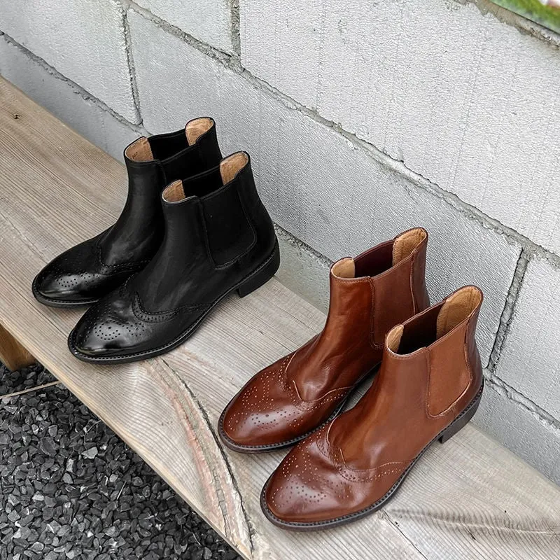 Oxford Style Retro Full Grain Leather Chelsea Boots Brogue Detailing Wear Resistant Anti Slip Sole Black/Coffee