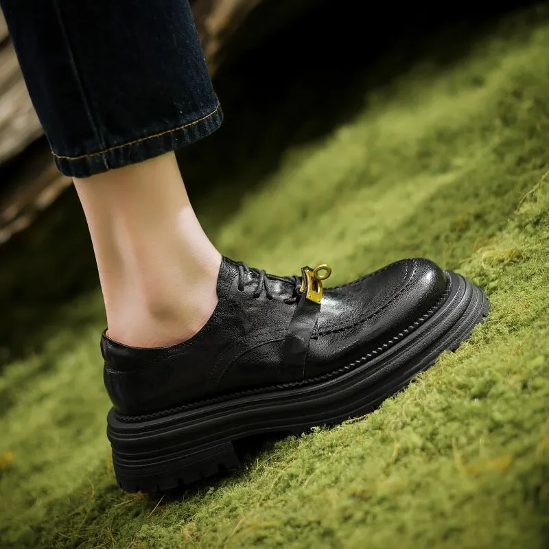 Retro Genuine Leather 45mm Platform Brogue Oxford Shoes Round Toe in Coffee/Black Oxfords Outfits