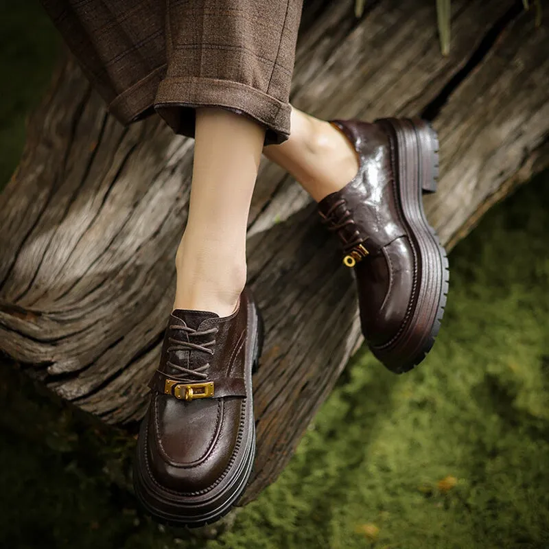 Retro Genuine Leather 45mm Platform Brogue Oxford Shoes Round Toe in Coffee/Black Platforms