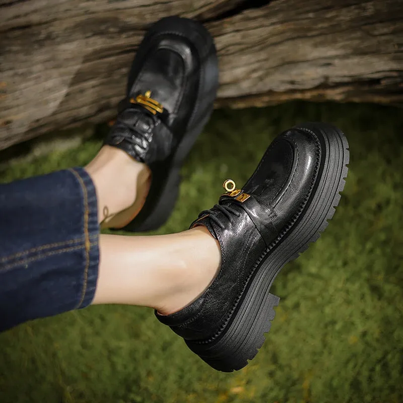 Originalgrand Remastered Wing Tip Oxford Retro Genuine Leather 45mm Platform Brogue Oxford Shoes Round Toe in Coffee/Black