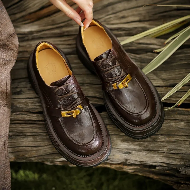 Loafers Vs Oxfords Reddit Retro Genuine Leather 45mm Platform Brogue Oxford Shoes Round Toe in Coffee/Black