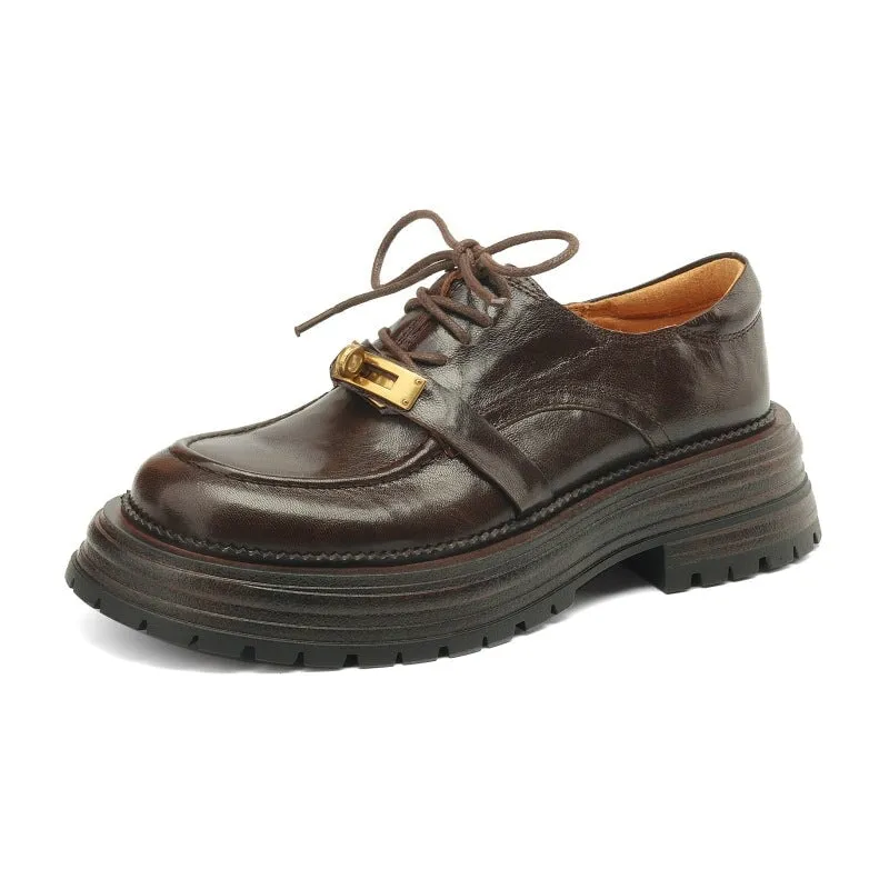 Retro Genuine Leather 45mm Platform Brogue Oxford Shoes Round Toe in Coffee/Black Difference Between Oxfords And Derbys