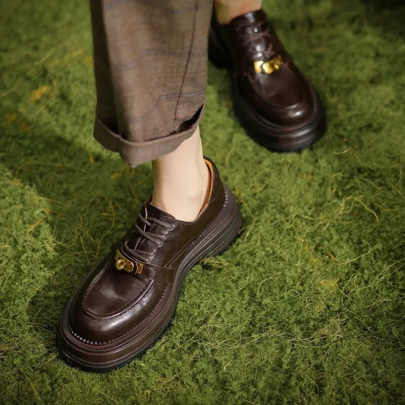 Retro Genuine Leather 45mm Platform Brogue Oxford Shoes Round Toe in Coffee/Black Dirty Laundry Oxfords