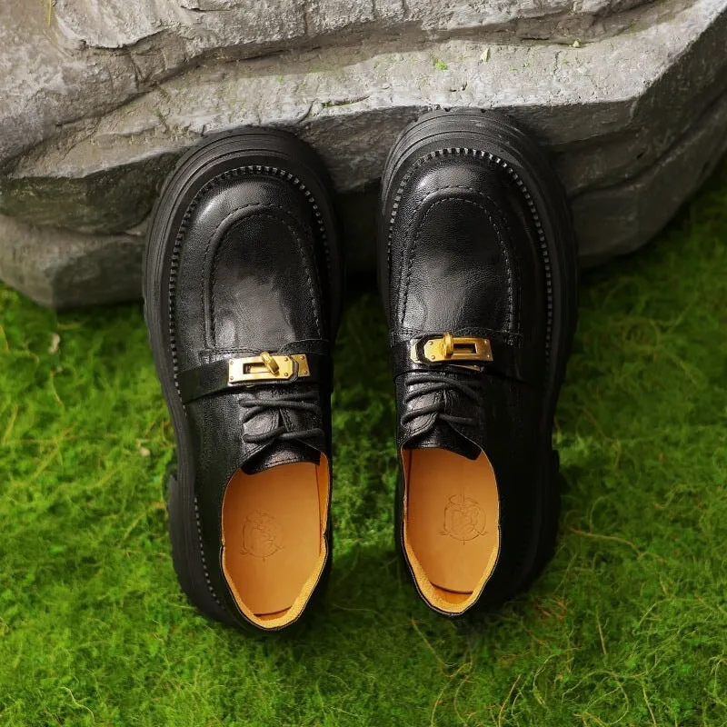 Retro Genuine Leather 45mm Platform Brogue Oxford Shoes Round Toe in Coffee/Black Wingtips Vs Oxfords