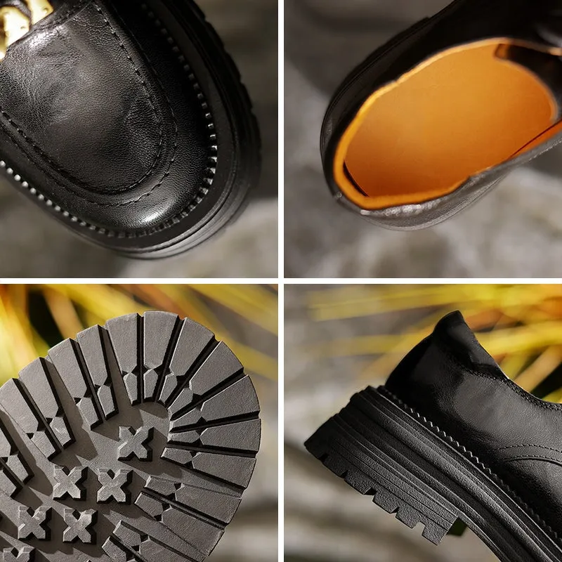 Oxford Work Boots Retro Genuine Leather 45mm Platform Brogue Oxford Shoes Round Toe in Coffee/Black