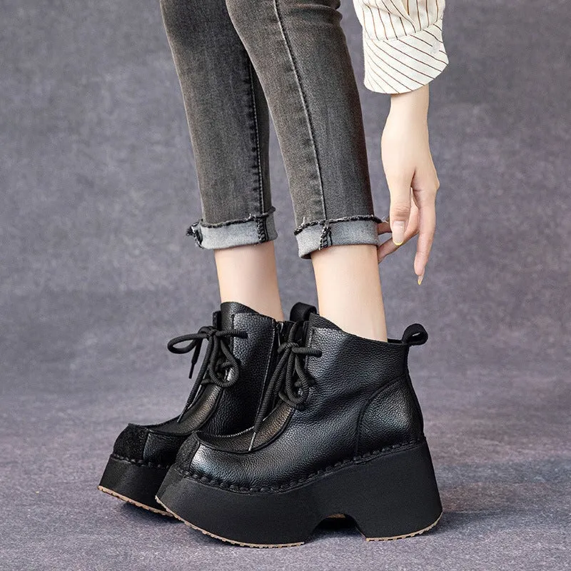 Stitchlite Oxford Retro Handmade Leather Chunky Martin Platform Boots Black/Brown