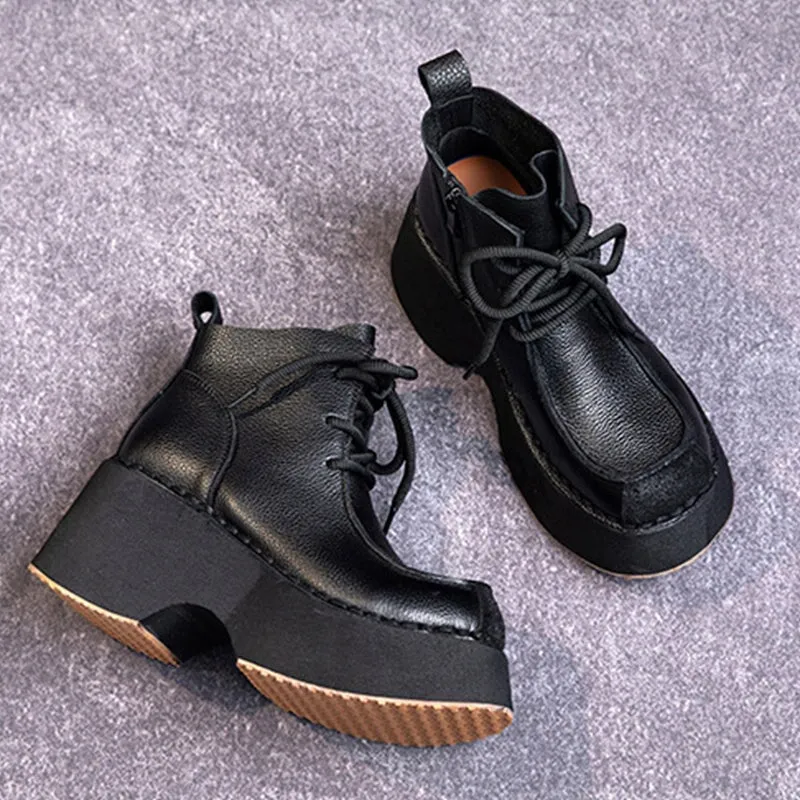 Retro Handmade Leather Chunky Martin Platform Boots Black/Brown Wholecut Oxford