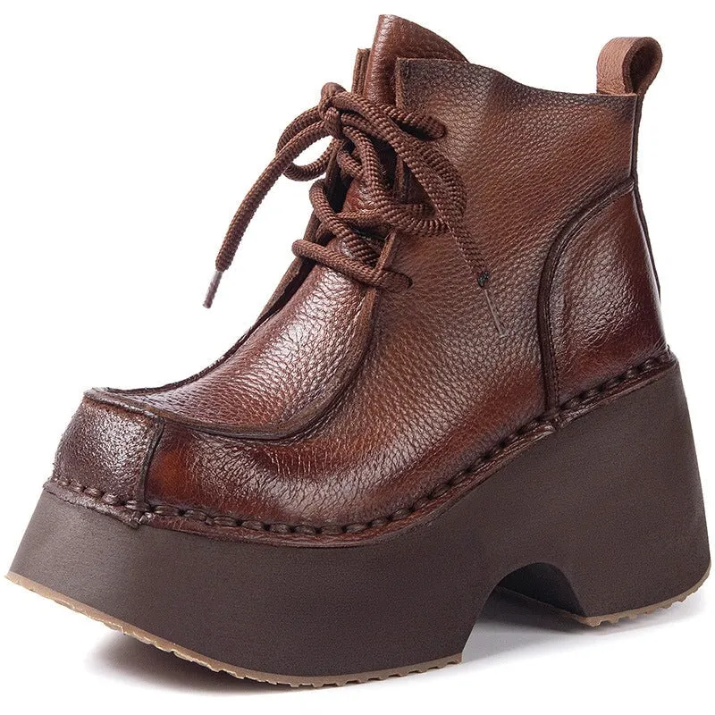 Oxfords Definition Retro Handmade Leather Chunky Martin Platform Boots Black/Brown