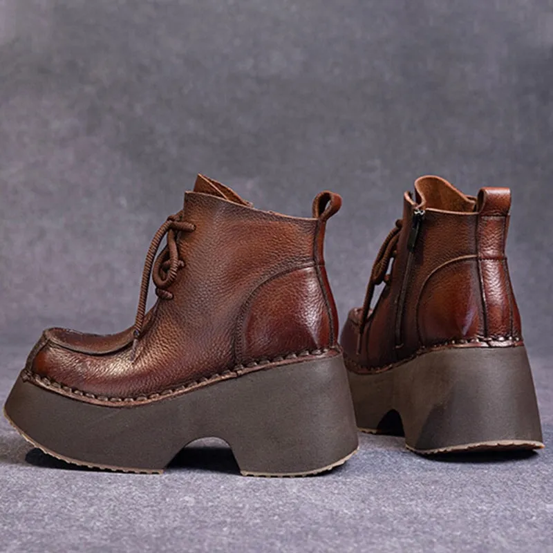 Retro Handmade Leather Chunky Martin Platform Boots Black/Brown Formal Shoes