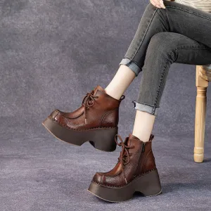 Olin Winchester Oxford Retro Handmade Leather Chunky Martin Platform Boots Black/Brown