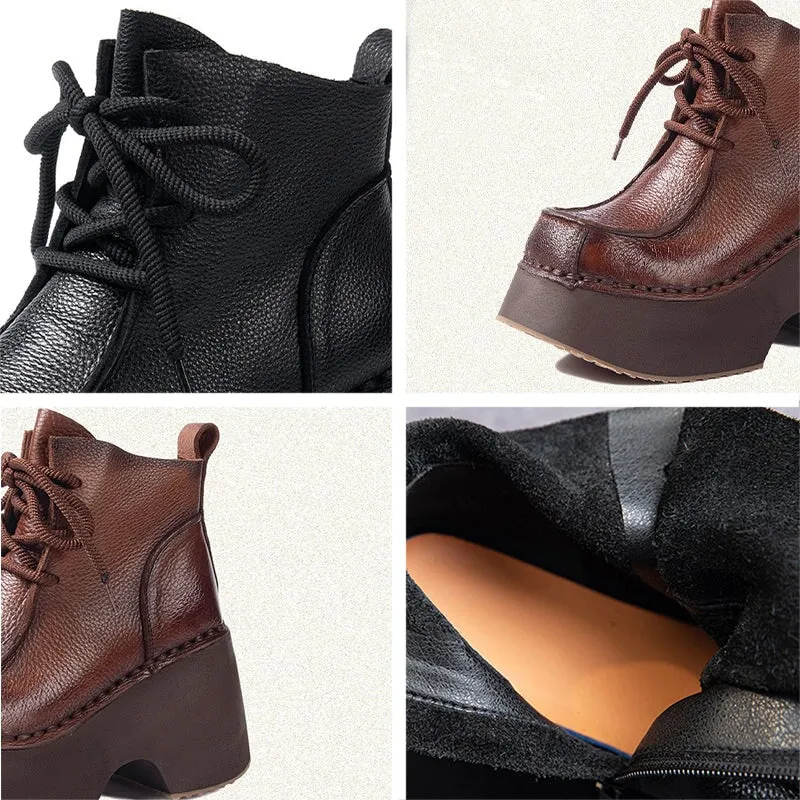Retro Handmade Leather Chunky Martin Platform Boots Black/Brown Oxfords For Work