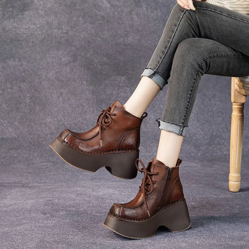 Retro Handmade Leather Chunky Martin Platform Boots Black/Brown Where Can I Buy Oxfords