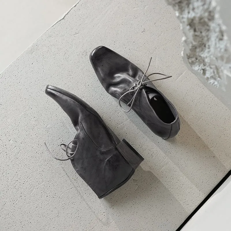 Ultra Oxfords Retro Horse Leather Martin Boots For Women Short Ankle Boots in Black/Brown/Grey