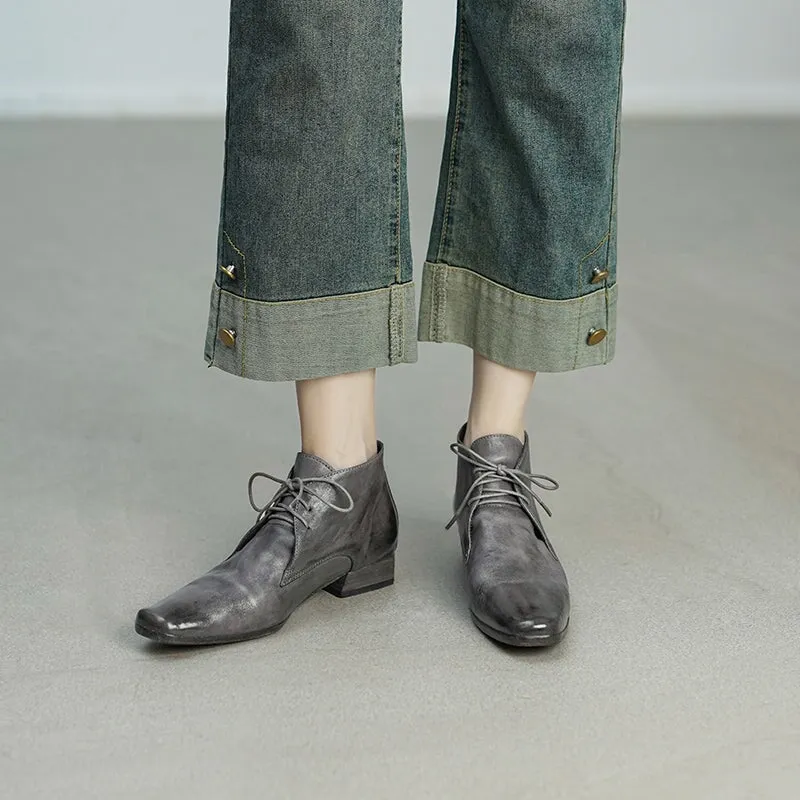 Platform Leather Oxfords Retro Horse Leather Martin Boots For Women Short Ankle Boots in Black/Brown/Grey