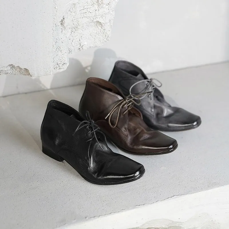 Retro Horse Leather Martin Boots For Women Short Ankle Boots in Black/Brown/Grey Ominous Oxfords