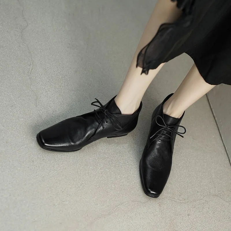 Lug Sole Oxfords Retro Horse Leather Martin Boots For Women Short Ankle Boots in Black/Brown/Grey