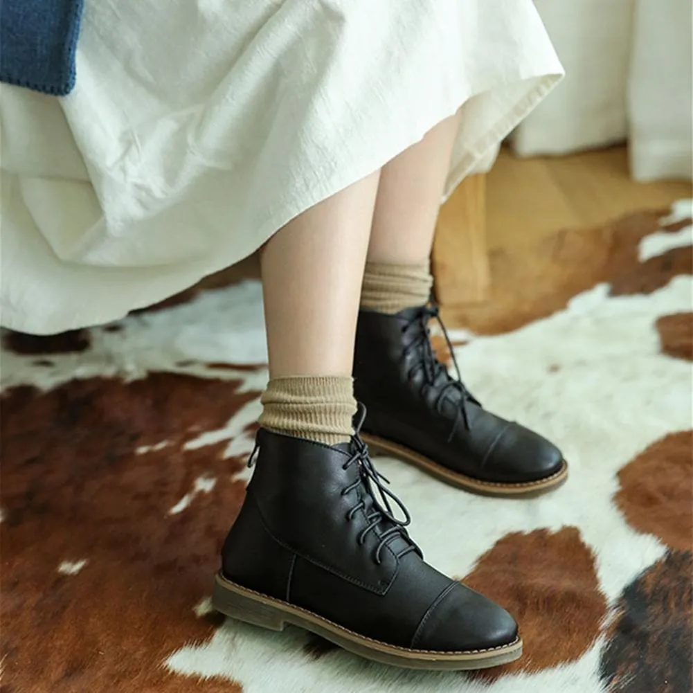 Retro Leather Women'S Martin Boots Handmade Lace-Up Round Toe Flat Ankle Booties Black/Grey Oxfords Restaurant In Oxford Ma