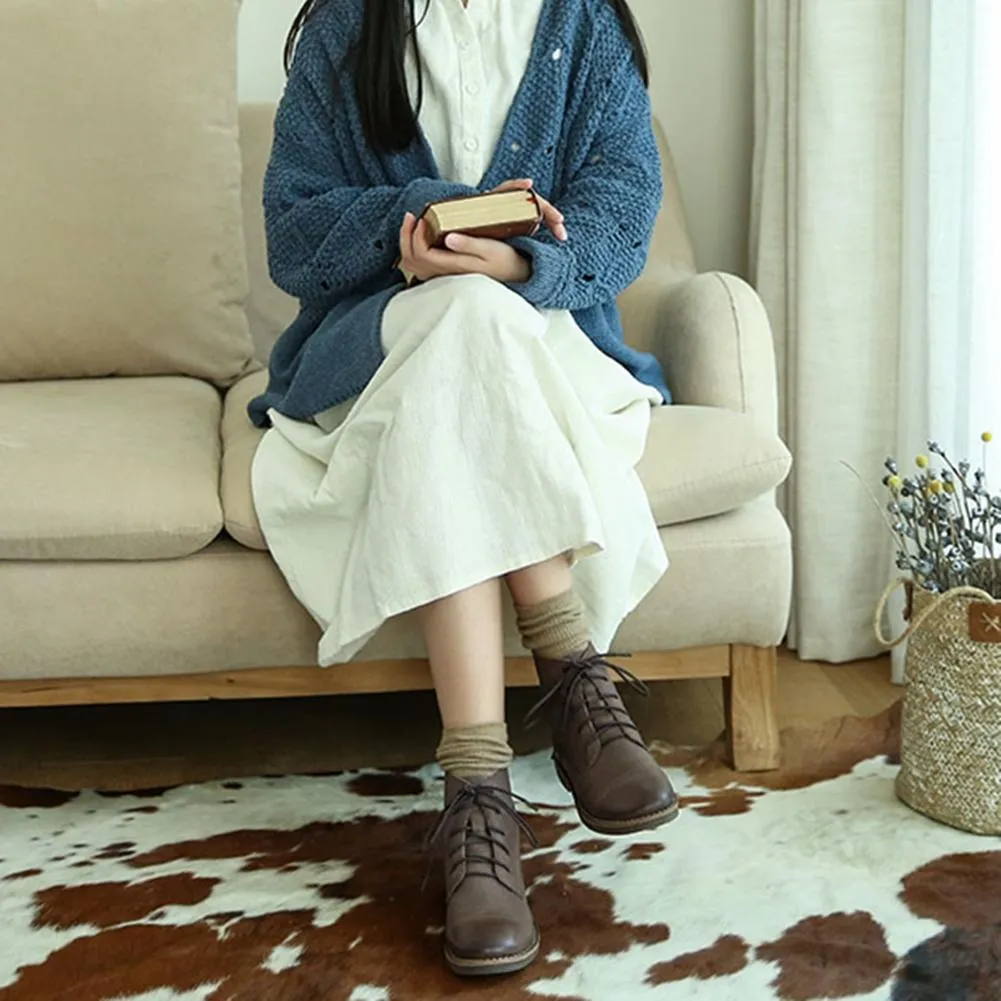 Oxford Outfitters Retro Leather Women'S Martin Boots Handmade Lace-Up Round Toe Flat Ankle Booties Black/Grey