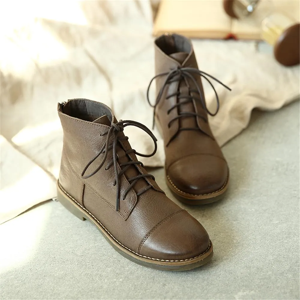 Retro Leather Women'S Martin Boots Handmade Lace-Up Round Toe Flat Ankle Booties Black/Grey Tone Oxfords