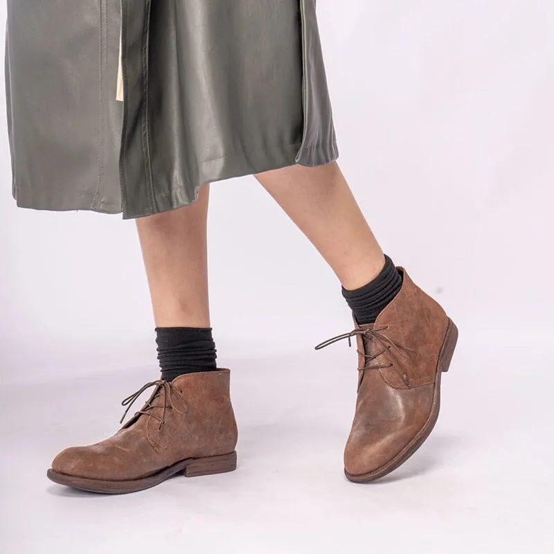 Oxford Mules Retro Soft Desert Boots Handmade Ankle Boots For Women Sweet and Cool in Brown