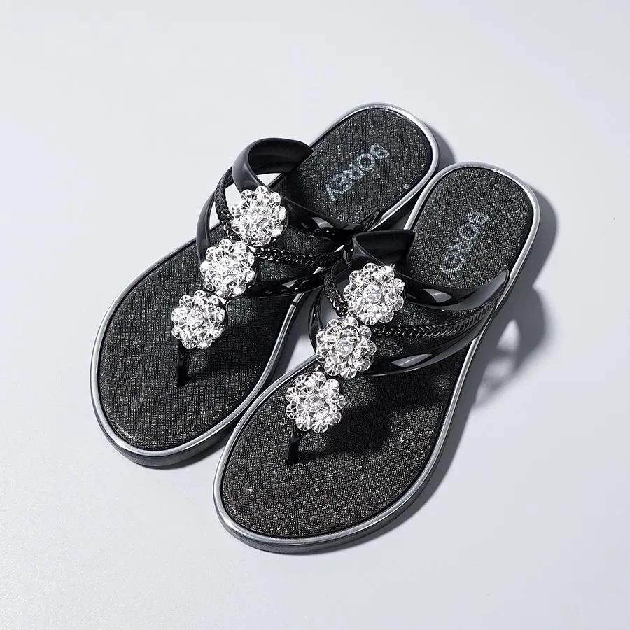 Platform Woven Sandals Rhinestone Pattern Hollow Out Slippers