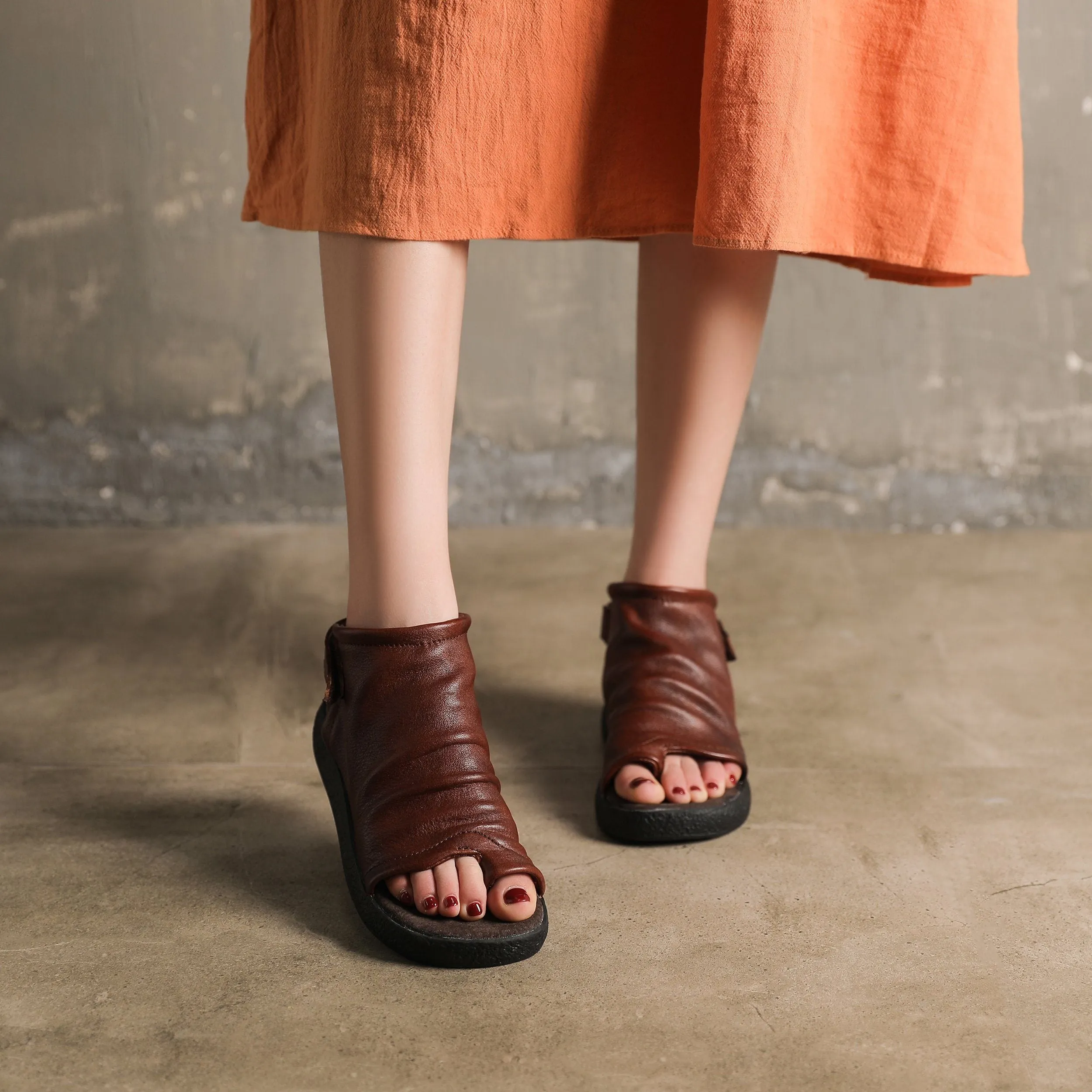 Sandals Boots Soft Cowhide Leather Plantform Summer Boots Open Peep Toe Post Wrap Ankle Sandals Flatforms Black/Coffee/Brown Ferragamo Oxfords