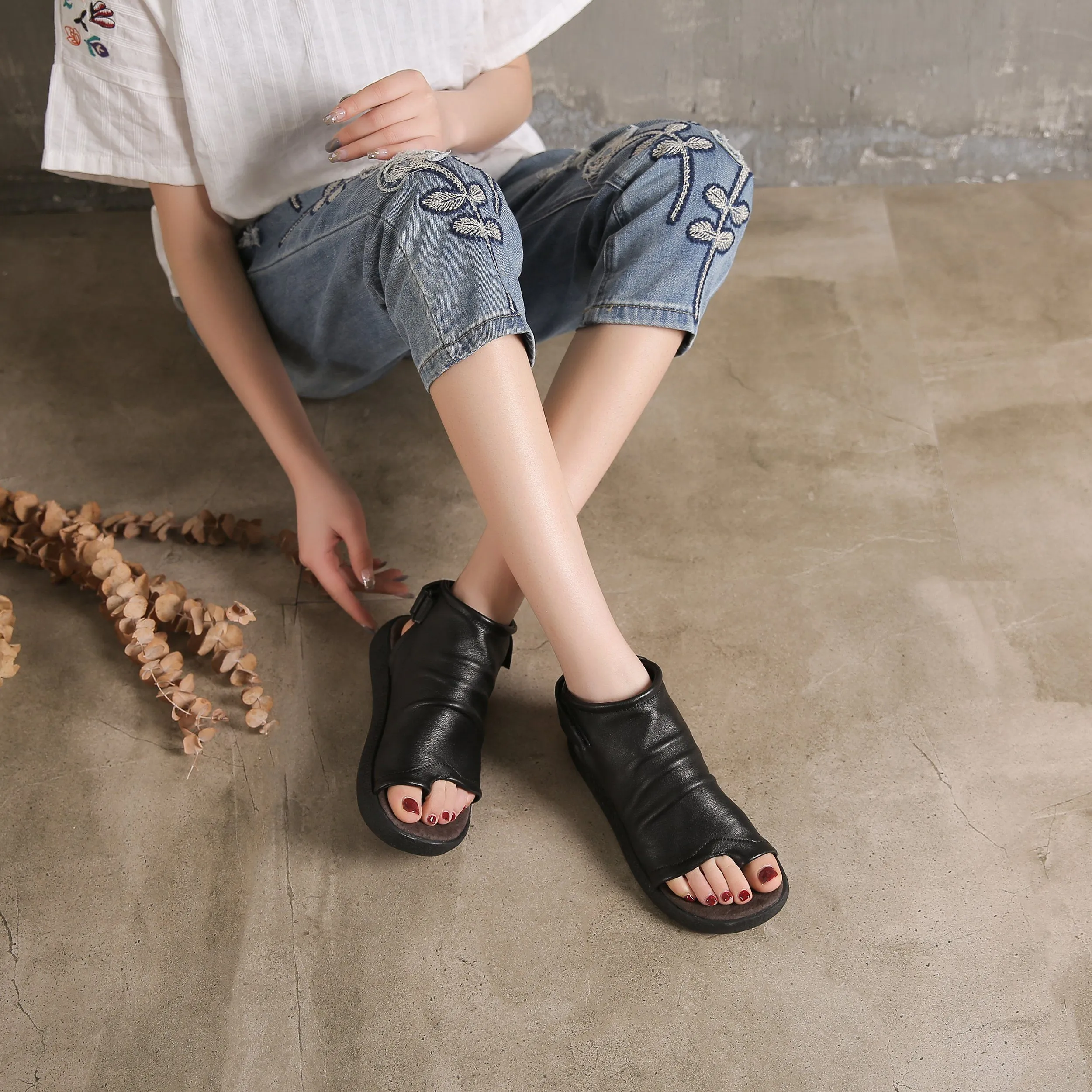 Sandals Boots Soft Cowhide Leather Plantform Summer Boots Open Peep Toe Post Wrap Ankle Sandals Flatforms Black/Coffee/Brown Derby Vs. Oxford Shoes
