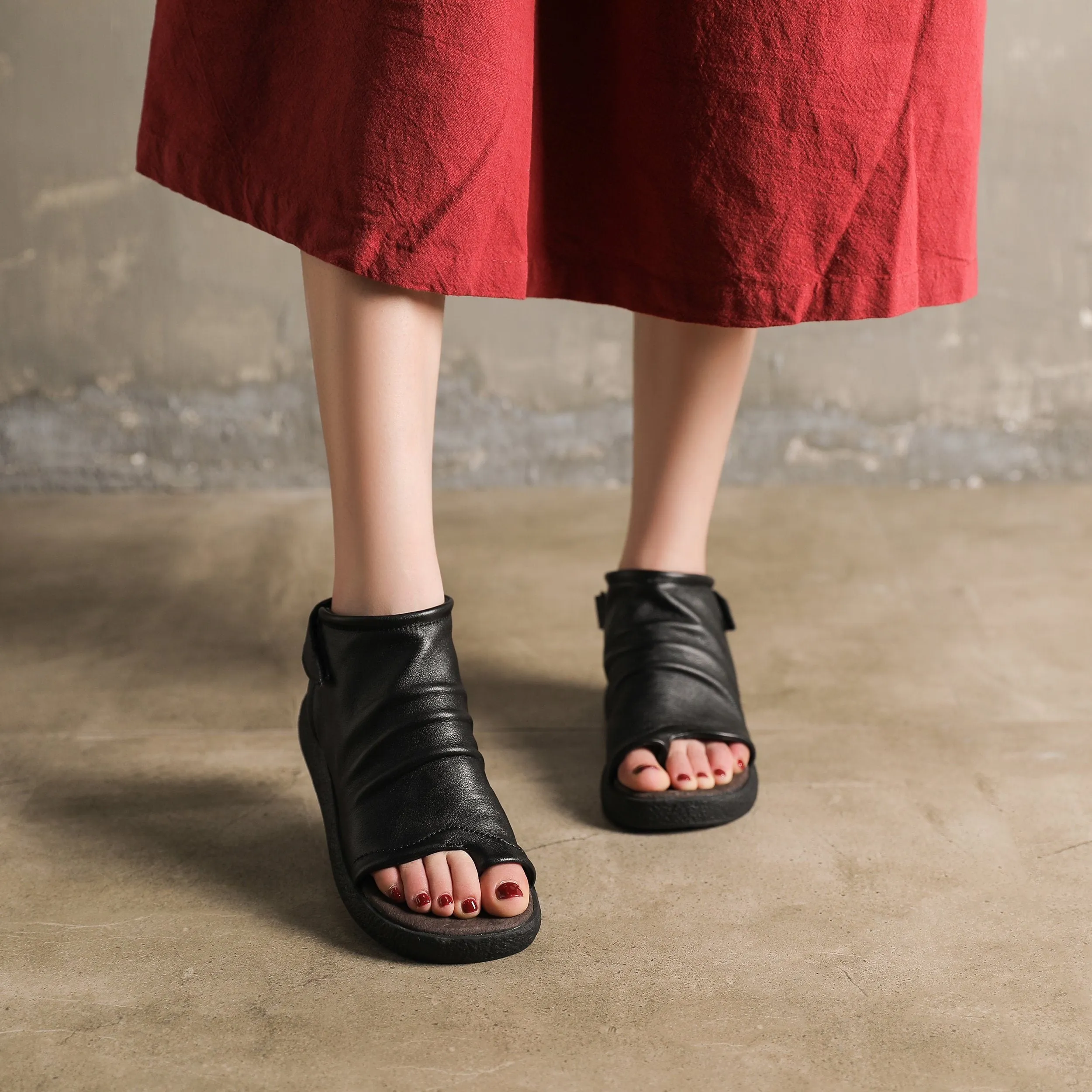 Oxfords Not Broughs Sandals Boots Soft Cowhide Leather Plantform Summer Boots Open Peep Toe Post Wrap Ankle Sandals Flatforms Black/Coffee/Brown