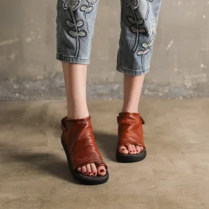 Chinos And Oxfords Sandals Boots Soft Cowhide Leather Plantform Summer Boots Open Peep Toe Post Wrap Ankle Sandals Flatforms Black/Coffee/Brown