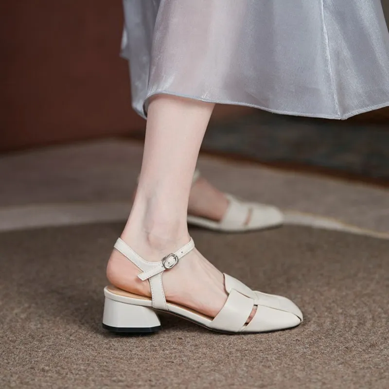 Summer Leather Sandals Dress Shoes Weave Closed Sandals Women Wedge Heel Sandals With Ankle Strap