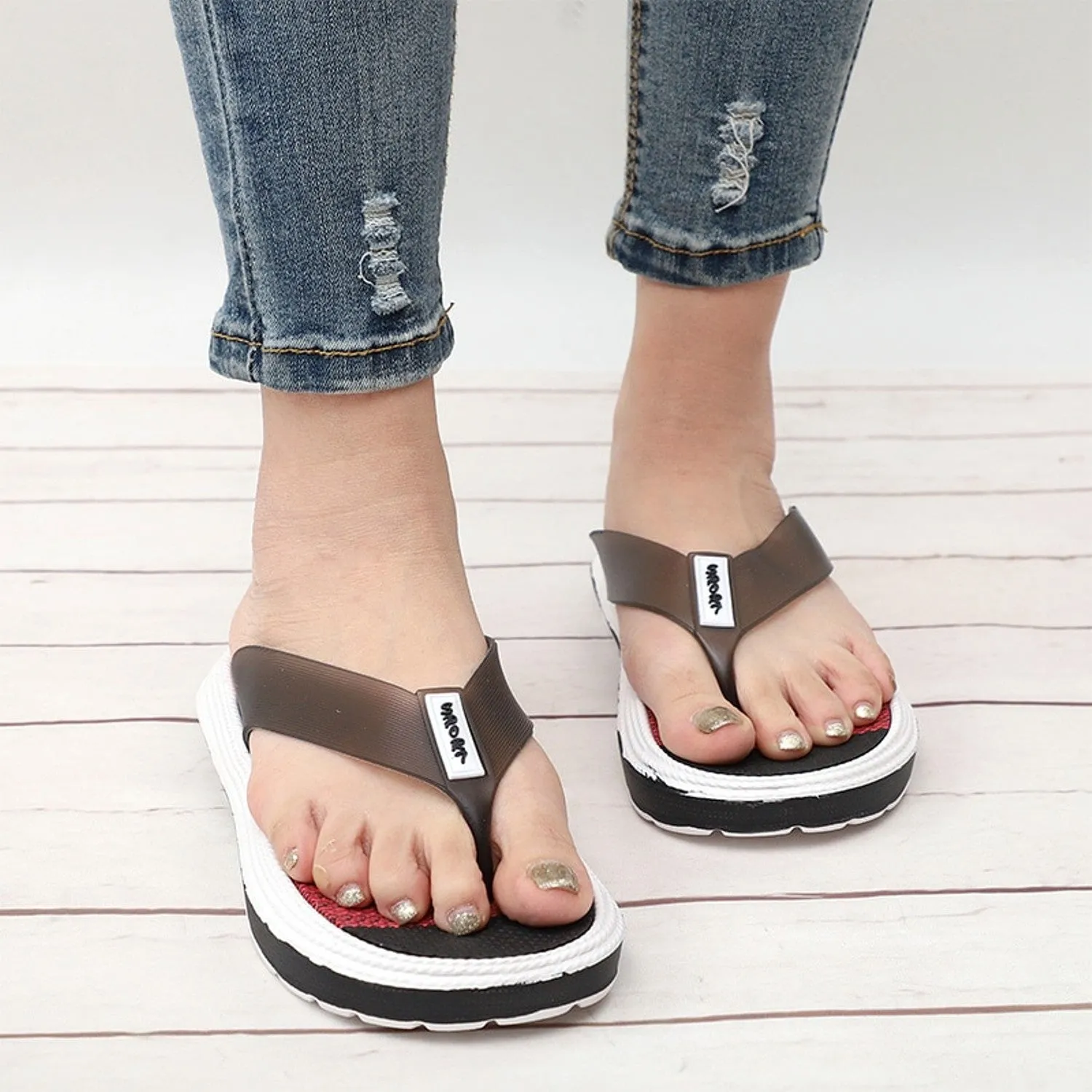 Women's Summer Casual Platform Flip Flops Leather Heeled Flip Flops