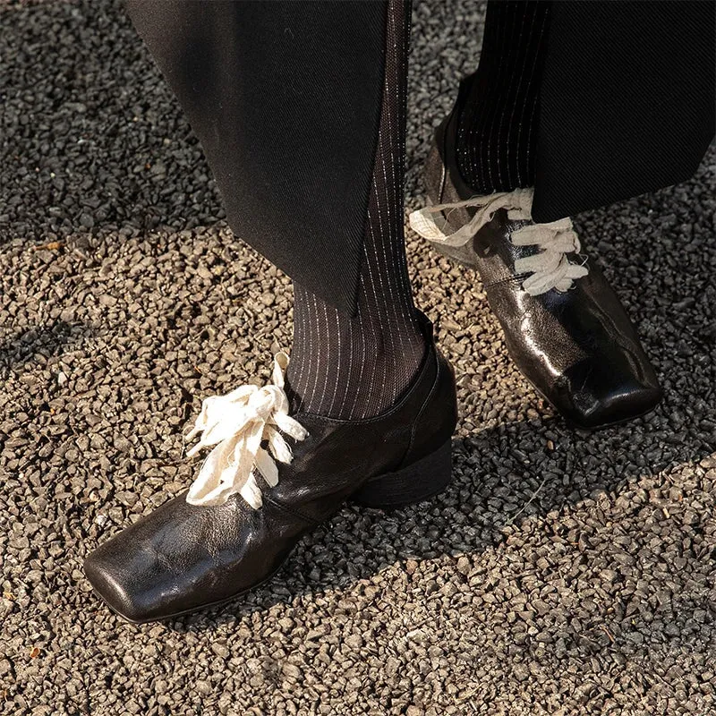 Sheepskin Mary Jane Ballet Flats with Lace up Square Toe in Black/Silver/Brown Atlanta Plain Toe Oxfords