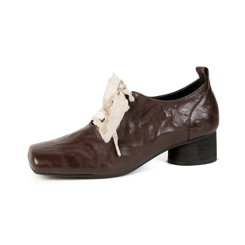 Sheepskin Mary Jane Ballet Flats with Lace up Square Toe in Black/Silver/Brown Laser Wingtip Oxfords