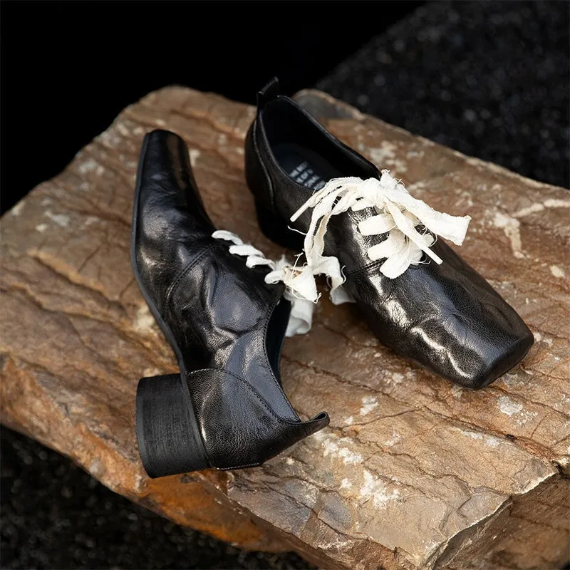 Demonia Oxfords Sheepskin Mary Jane Ballet Flats with Lace up Square Toe in Black/Silver/Brown