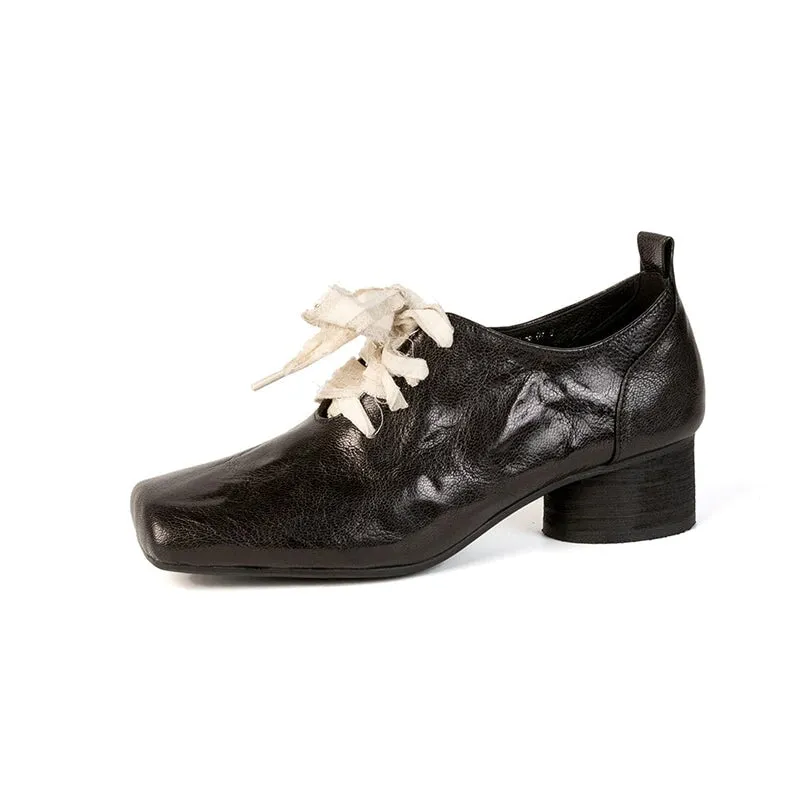 Sheepskin Mary Jane Ballet Flats with Lace up Square Toe in Black/Silver/Brown Oxford Wear