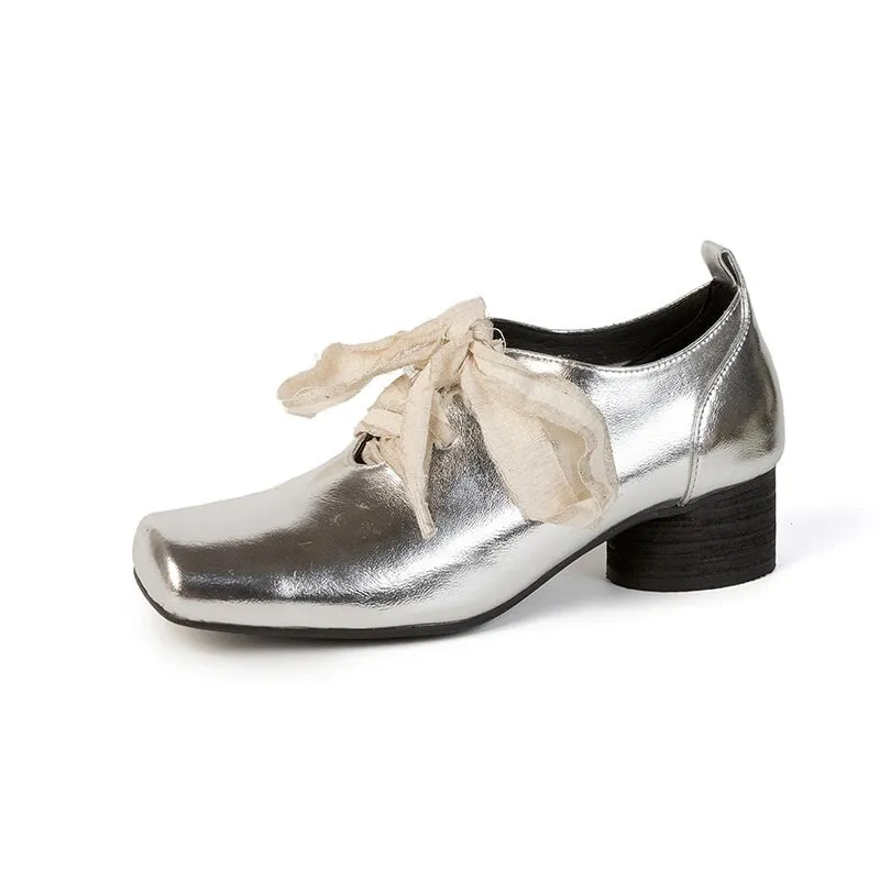 Dirty Laundry Platform Oxfords Sheepskin Mary Jane Ballet Flats with Lace up Square Toe in Black/Silver/Brown
