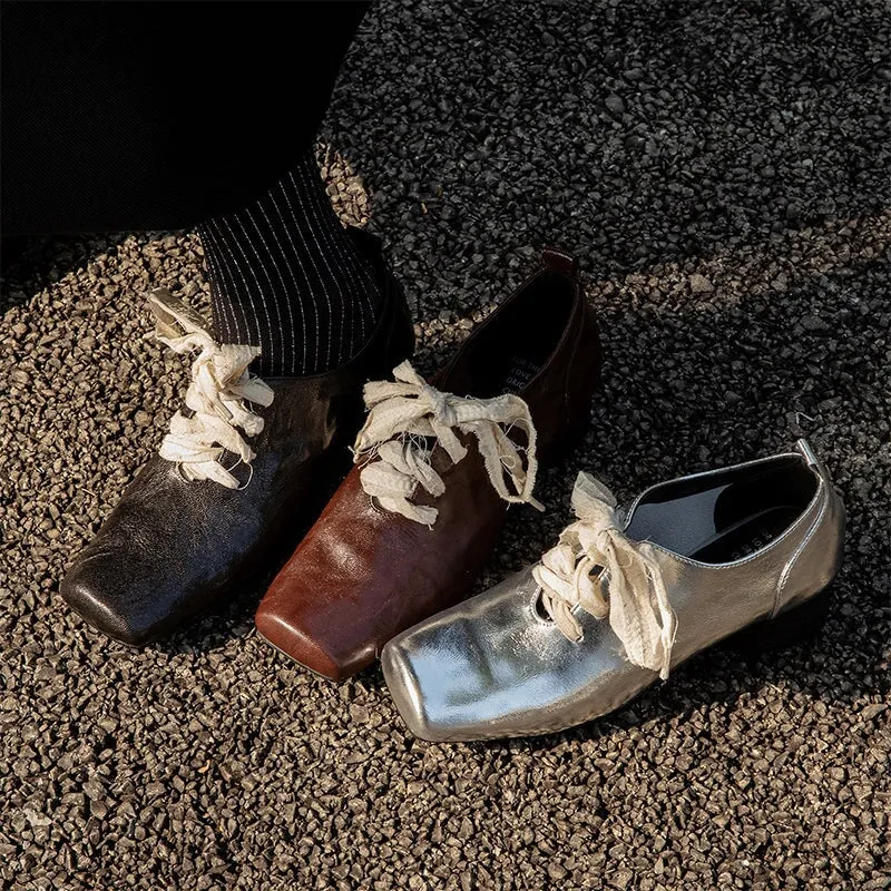 Sheepskin Mary Jane Ballet Flats with Lace up Square Toe in Black/Silver/Brown Leather Oxford Dress Shoe